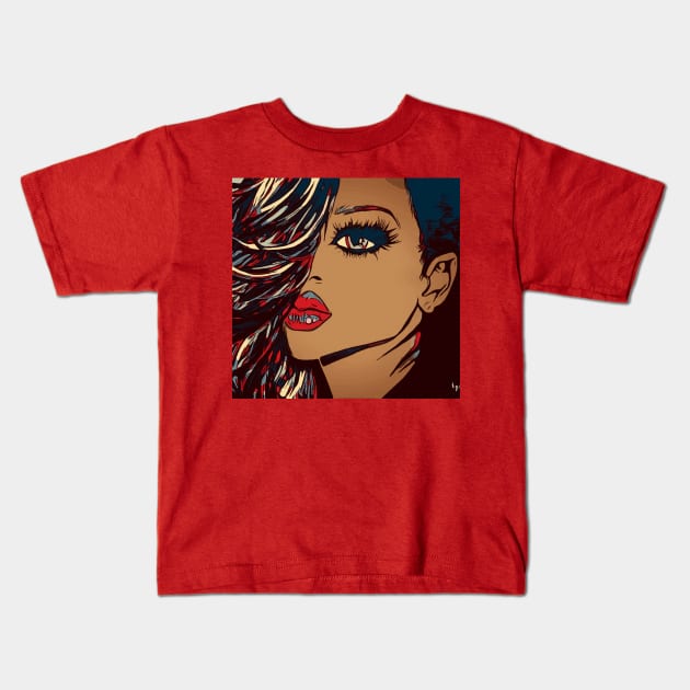 Brown Shades of Beauty Curly Girl Red Lips Kids T-Shirt by EllenDaisyShop